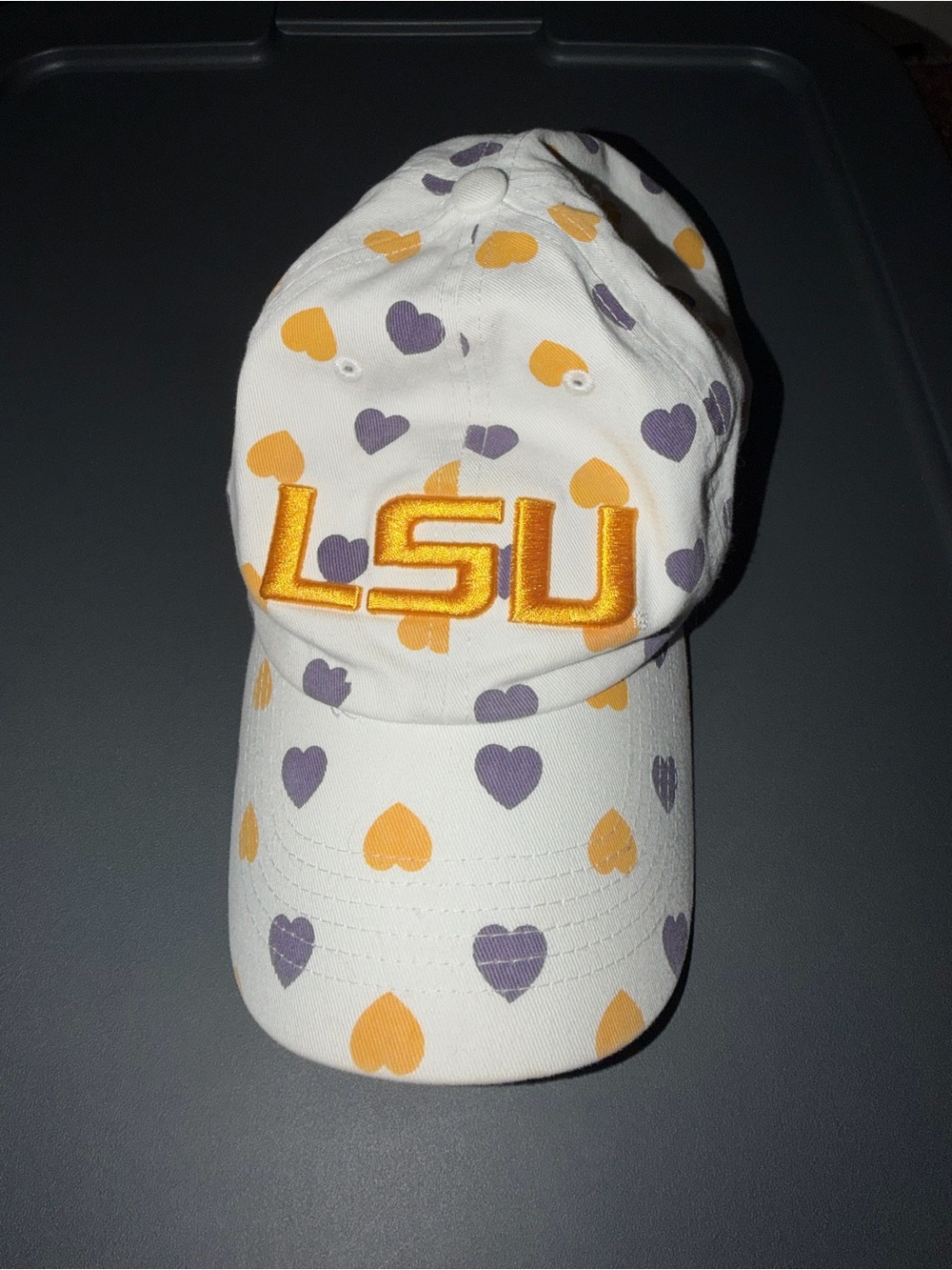 LSU White Hat with Purple and Gold Heart Pattern